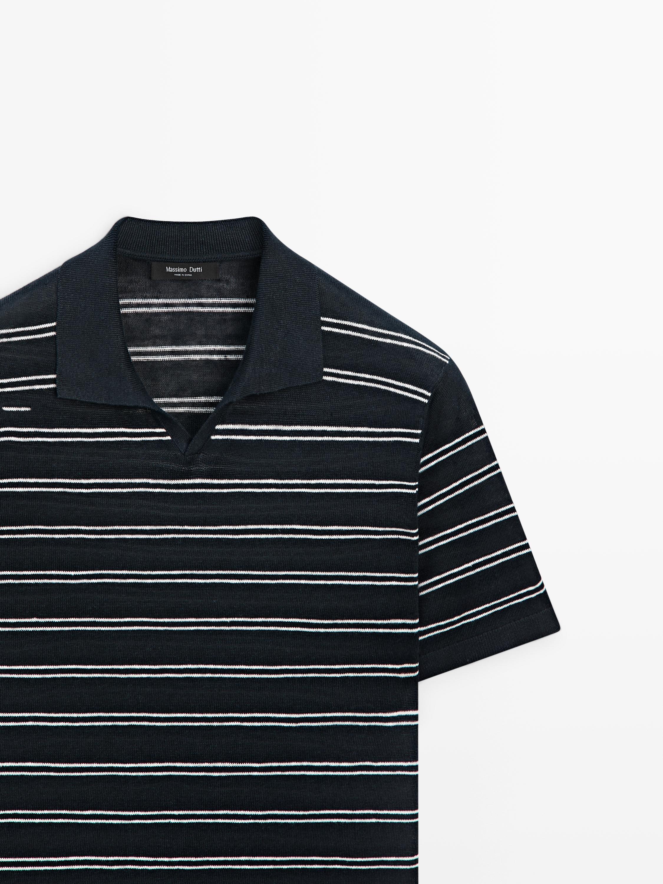 Striped 100% linen V-neck polo shirt